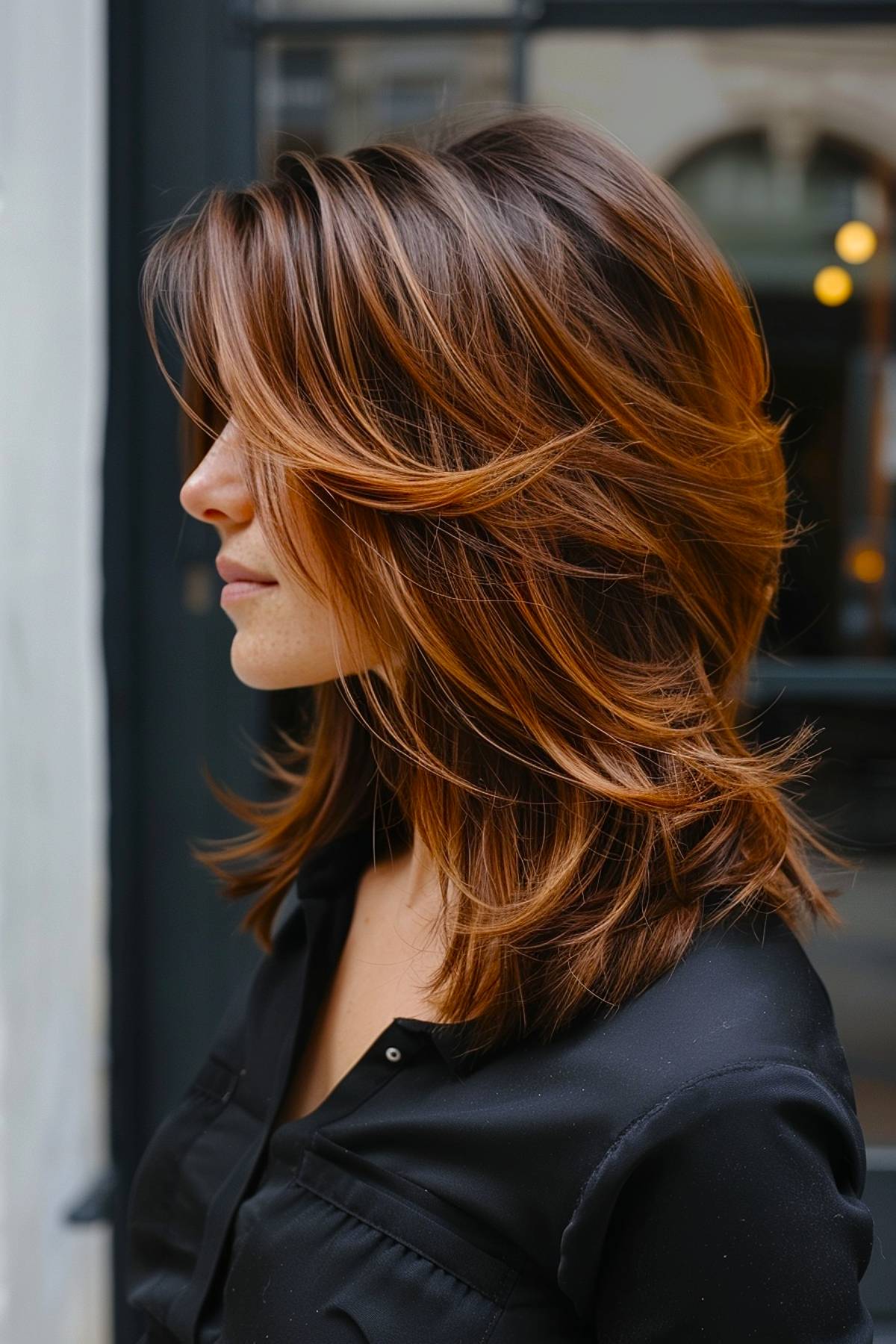 Stratacut haircut with mid-length feathered layers and warm copper highlights for thick hair