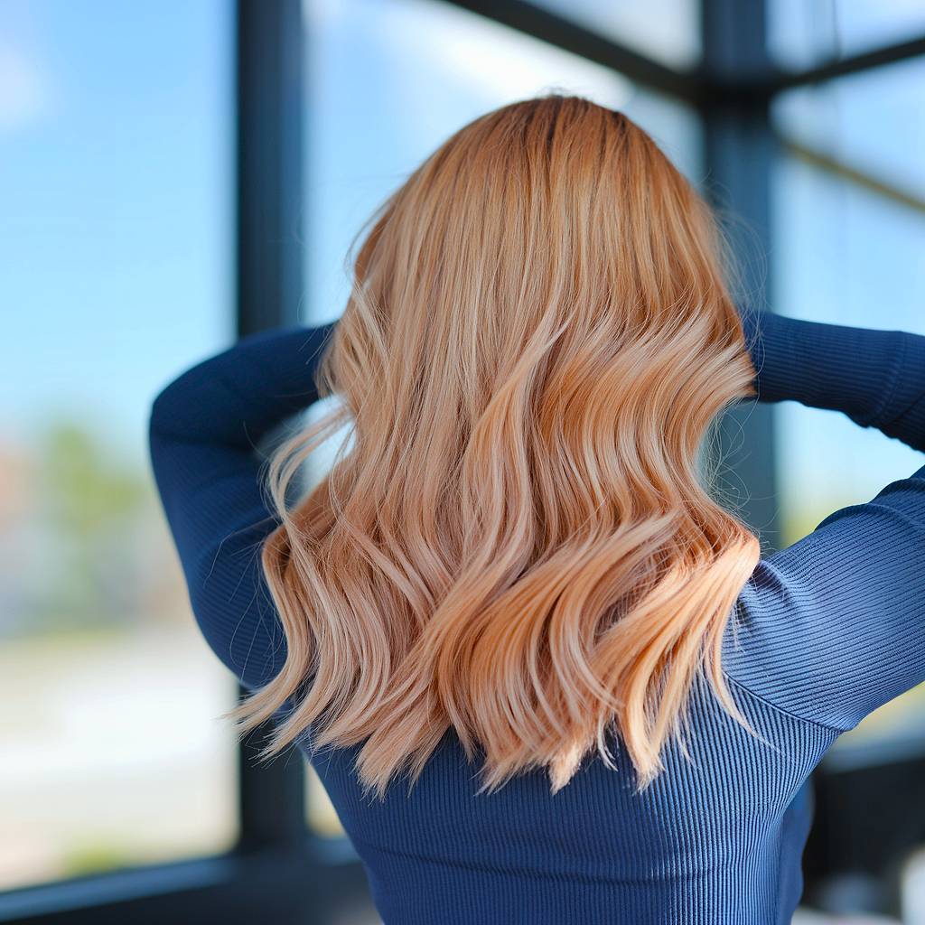 Wavy strawberry blonde hair with a soft, glossy finish, reflecting fresh spring hair color trends