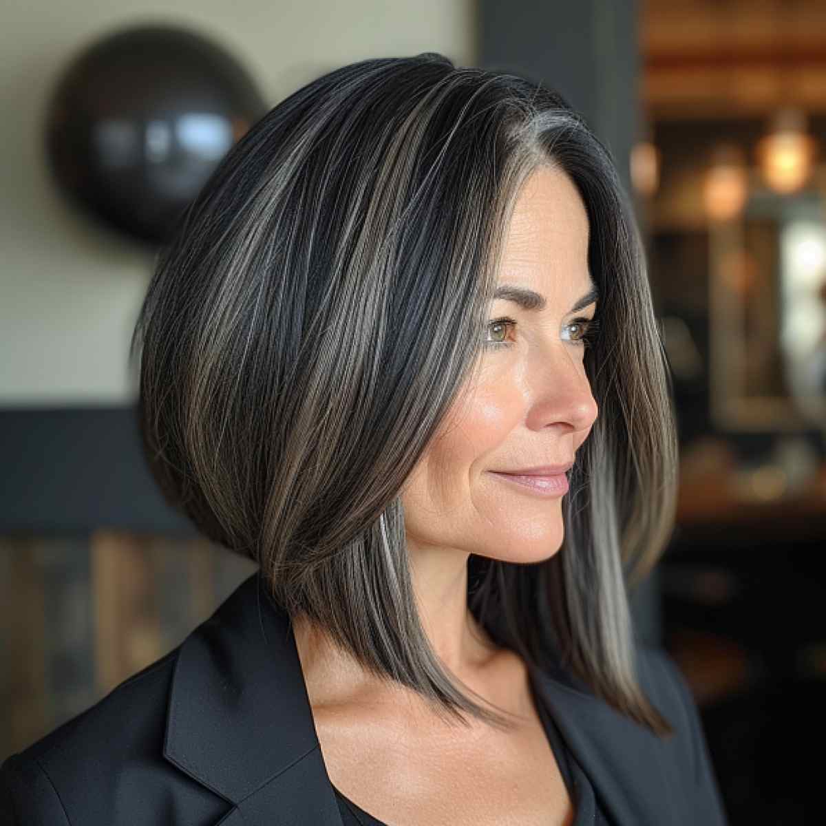 Stunning A-Line Bob with Silver Highlights