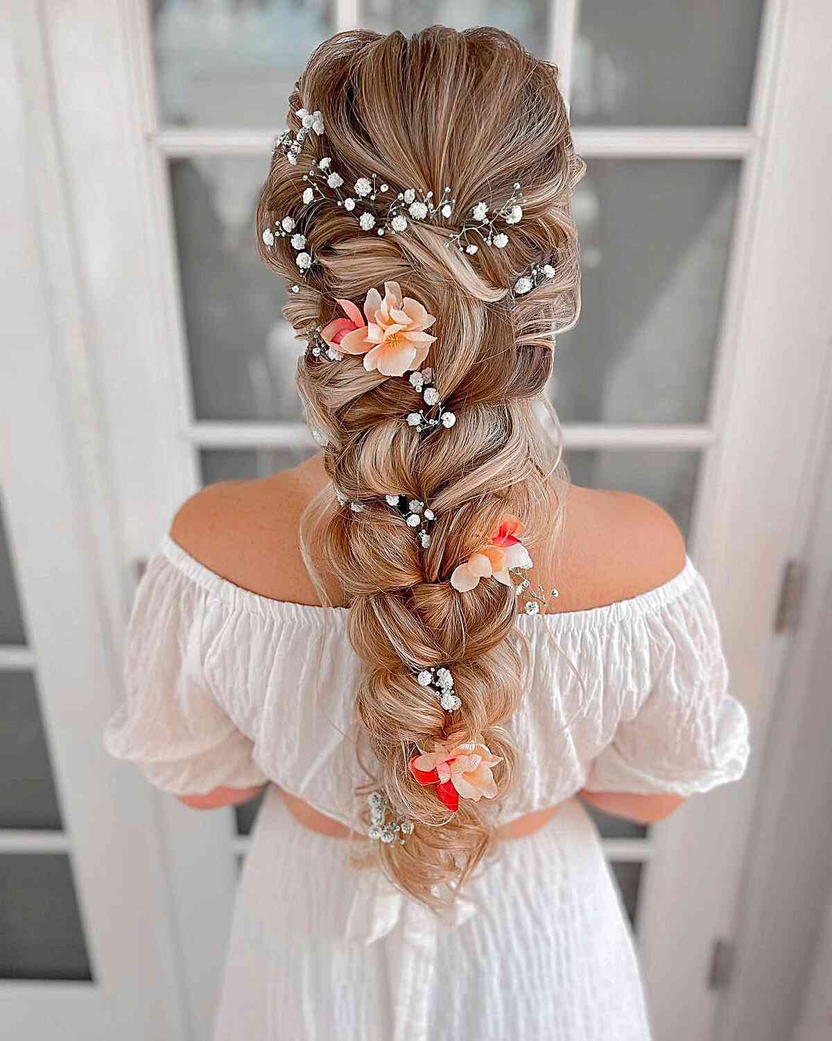 Stunning Braided Long Hair with Flowers for Weddings