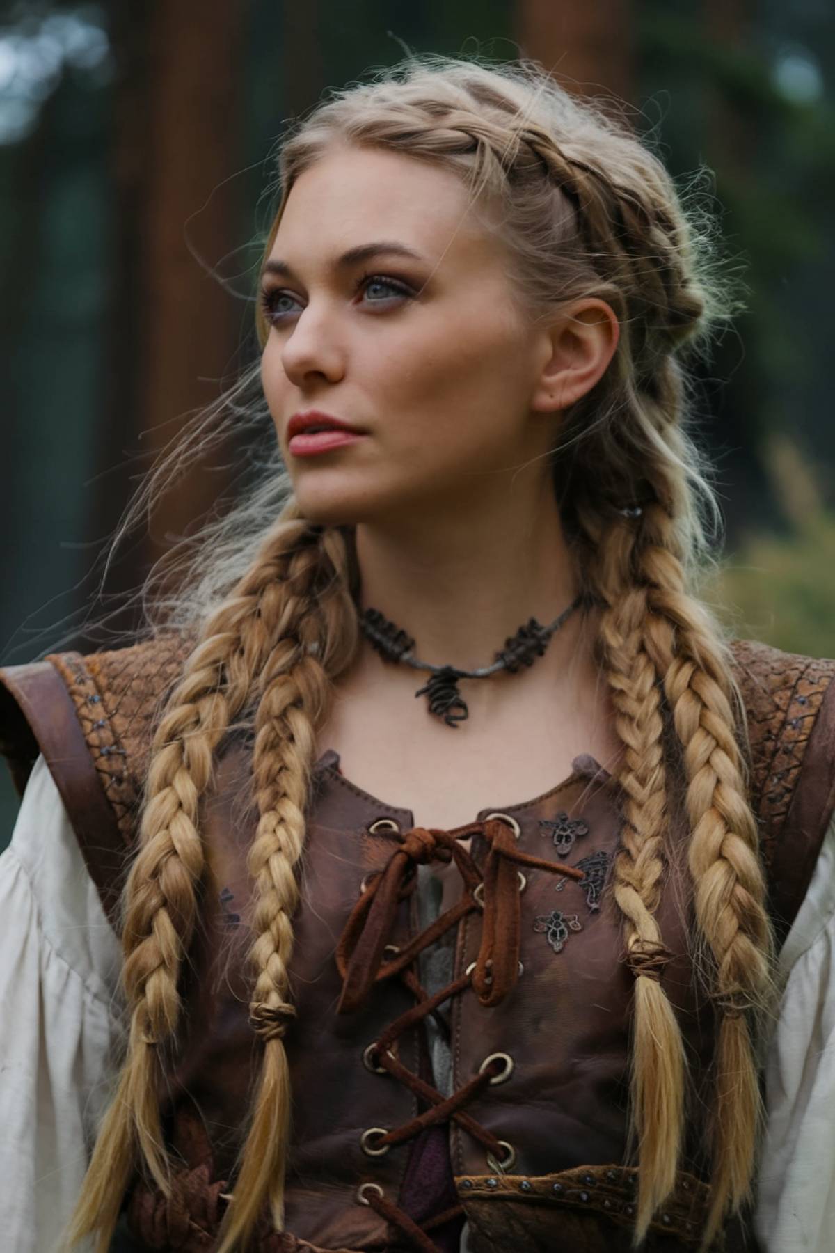 Viking hairdo with double braids and loose flowing lengths