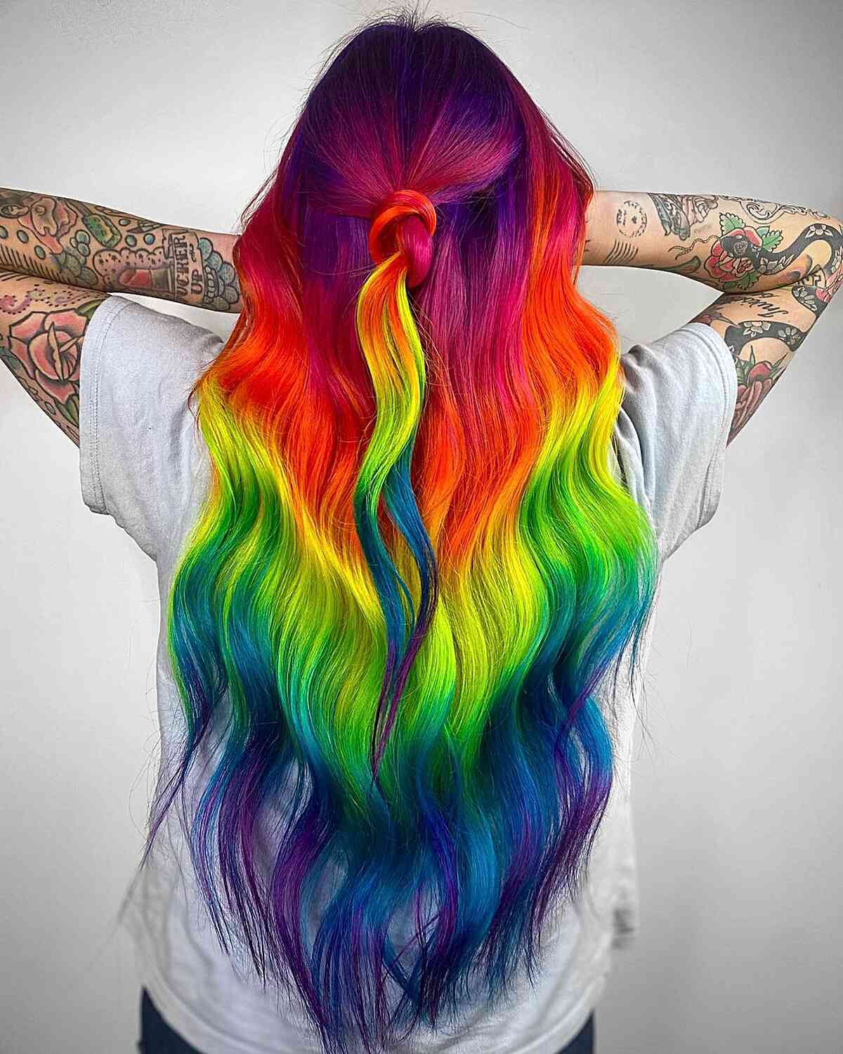 Stunning Long Rainbow Hairstyle with a Half Up Ponytail