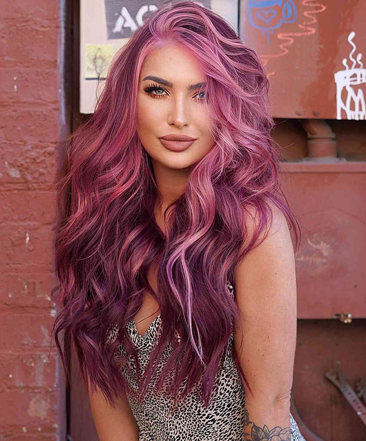 Stunning Pink to Purple Balayage Ombre Hair Color Idea for long wavy hair
