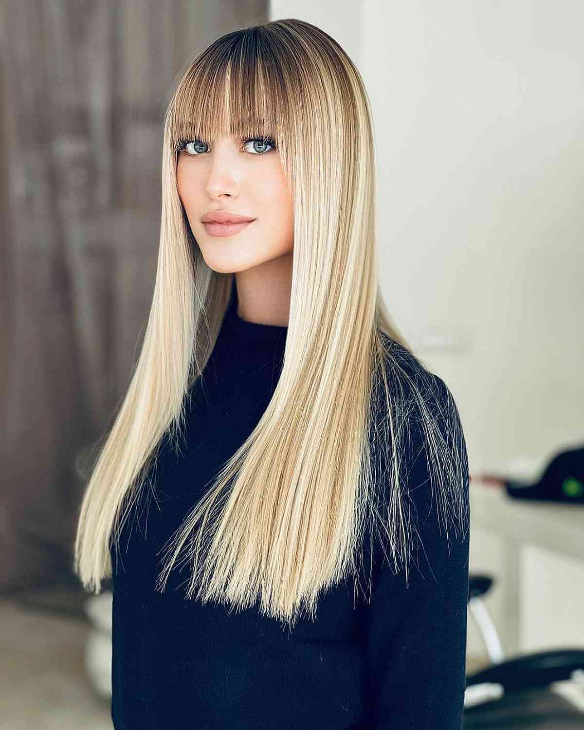 Stunning Sleek Long Blonde Hair with Choppy Bangs