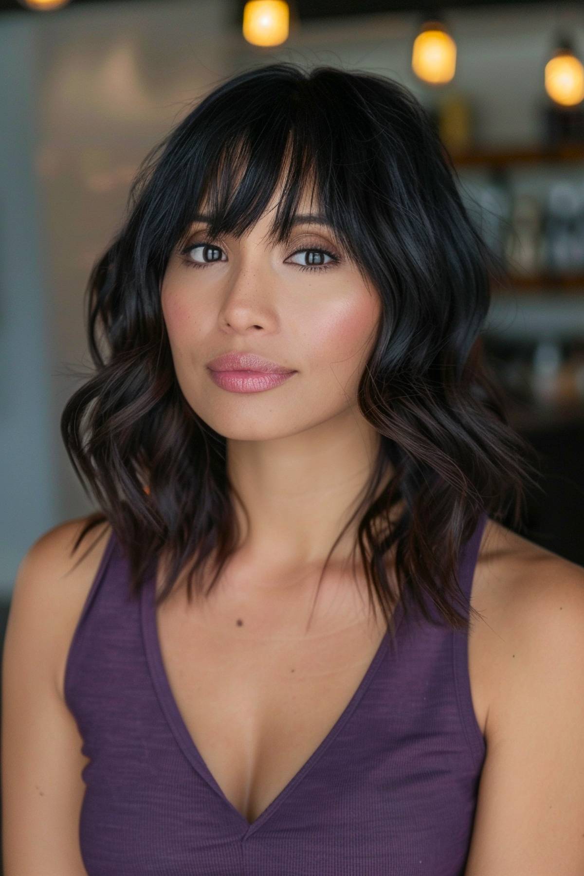 Choppy wavy hair with bangs in a bold black color