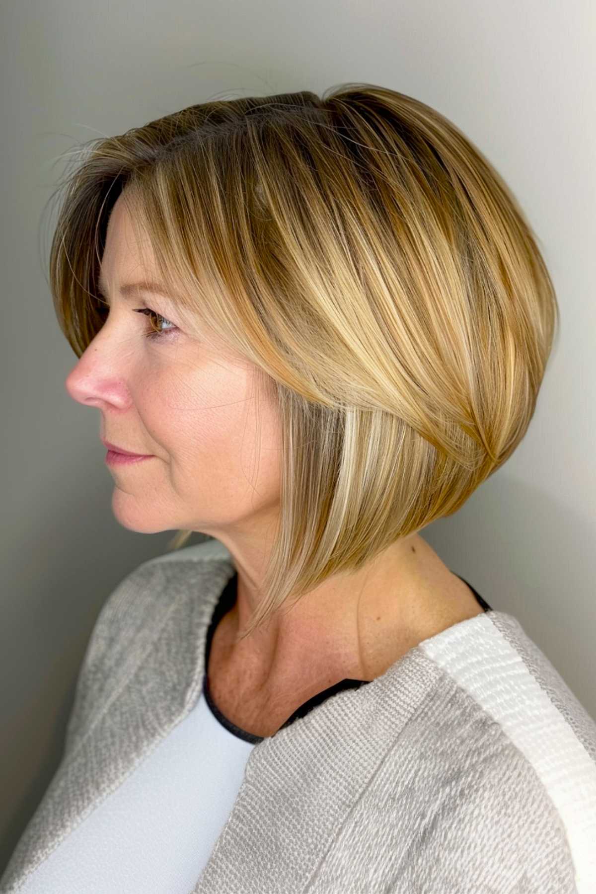 Angled bob haircut for women over 40 with silver-blonde tones