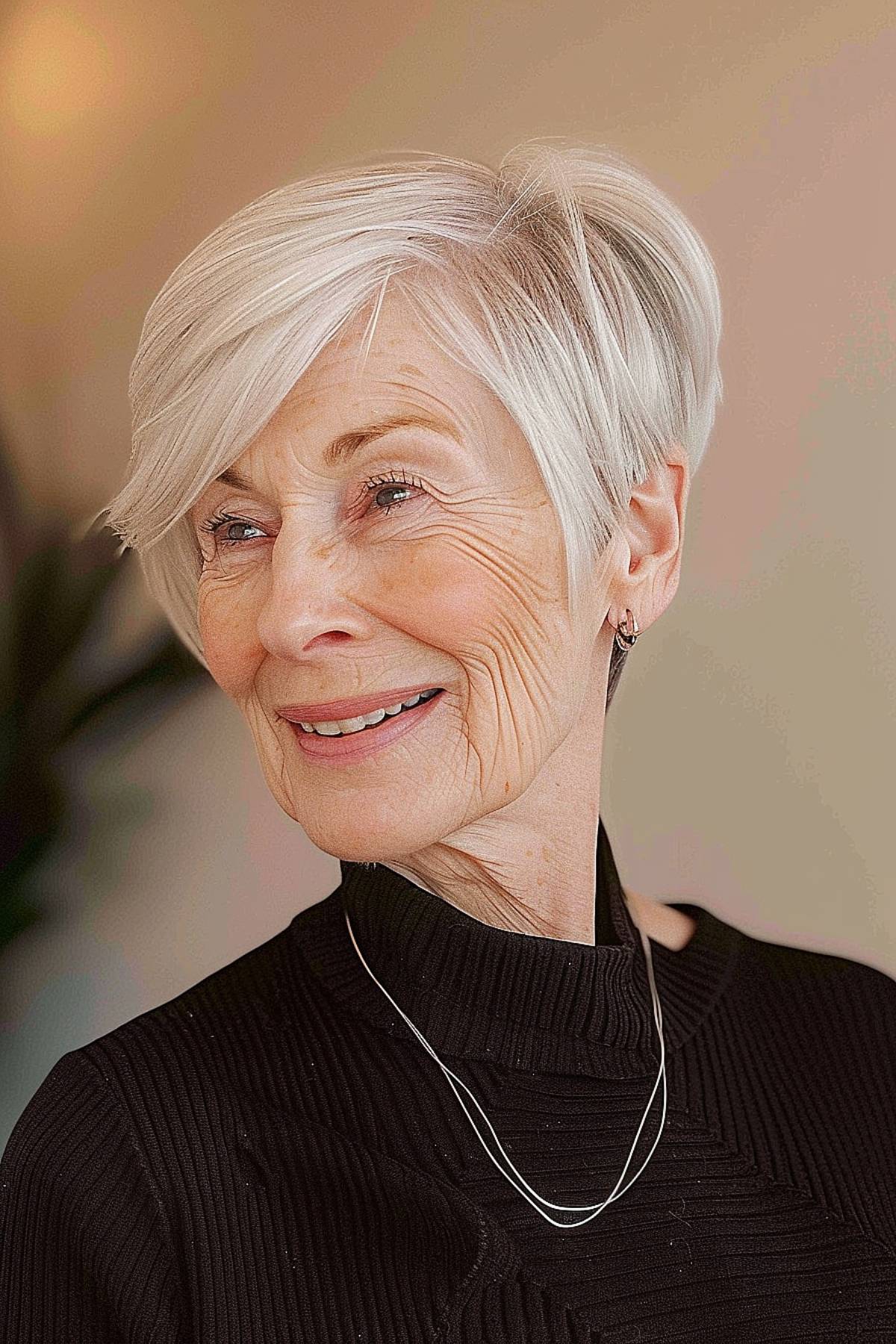 A stylish woman over 70 with an angular pixie cut that exudes confidence and graceful aging.