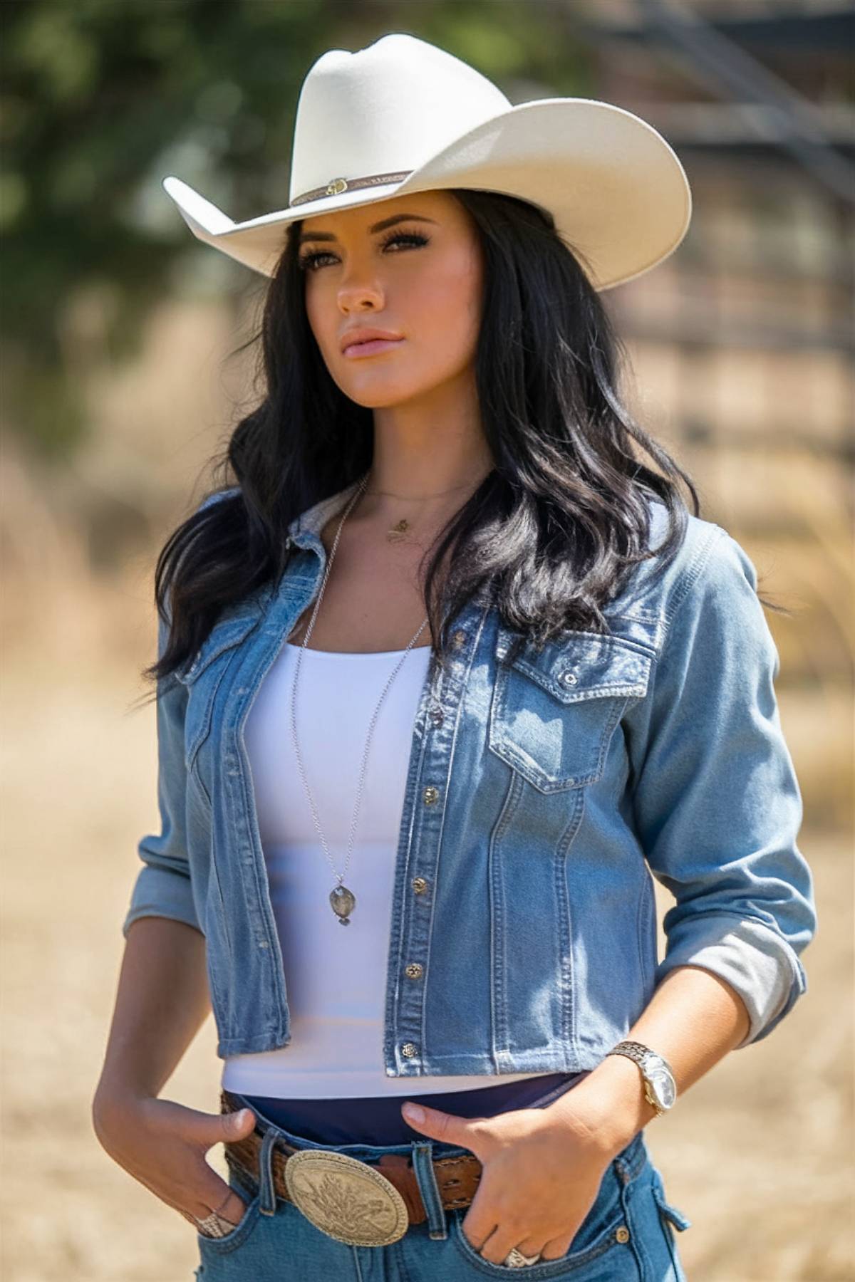 Wavy hairstyle under a cowboy hat