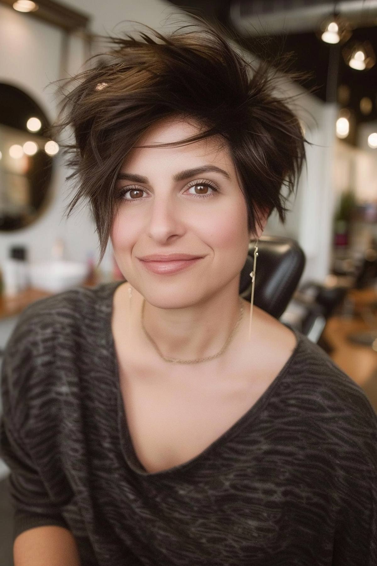 Stylish woman with voluminous short fluffy textured pixie cut in espresso