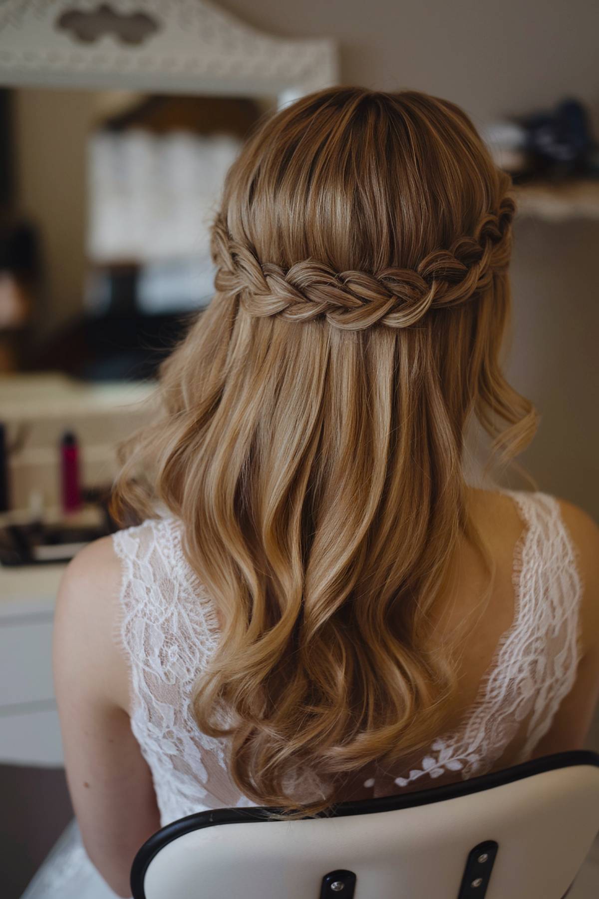 Braided half-up wedding hairstyle with loose waves