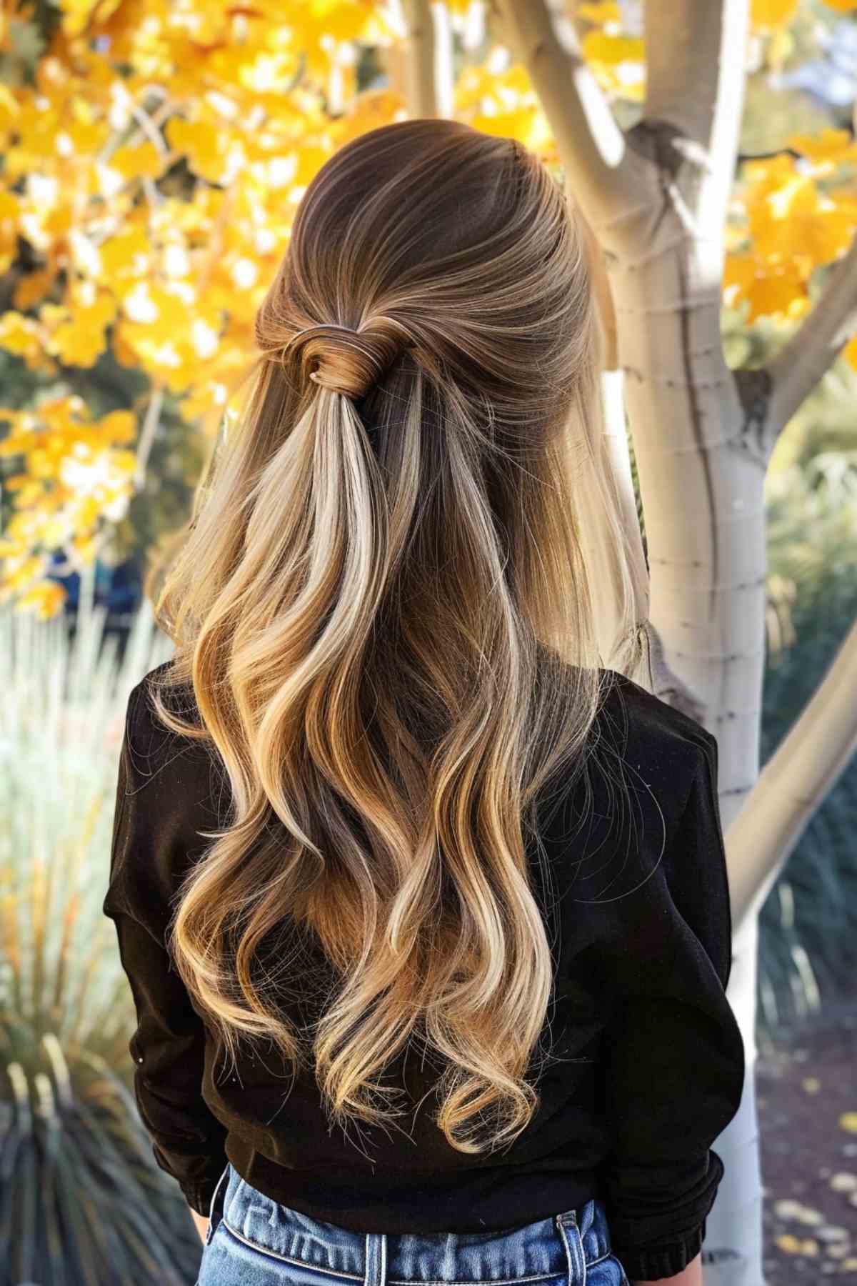 Stylish half up half down knot hairstyle for medium to long hair