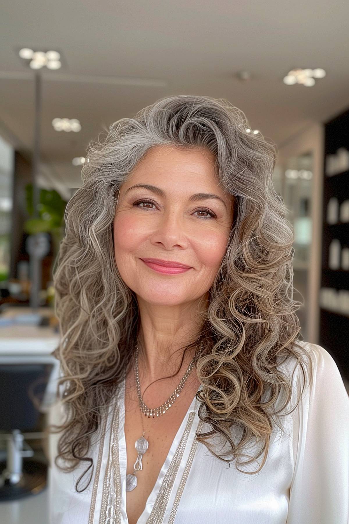 Medium-length curly hairstyle with layers for women over 50