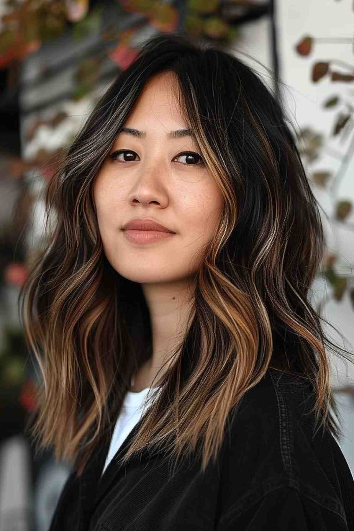 Stylish Medium Partial Balayage Hairstyle with Textured Waves
