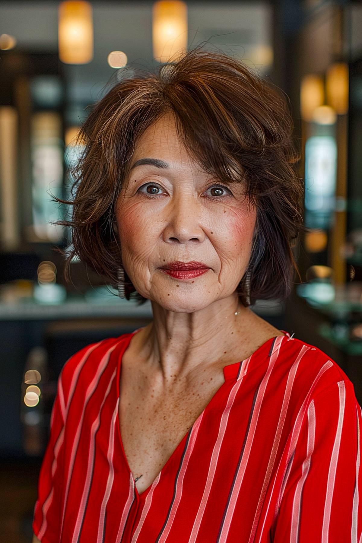 Modern shag hairstyle with tousled layers for older Asian women