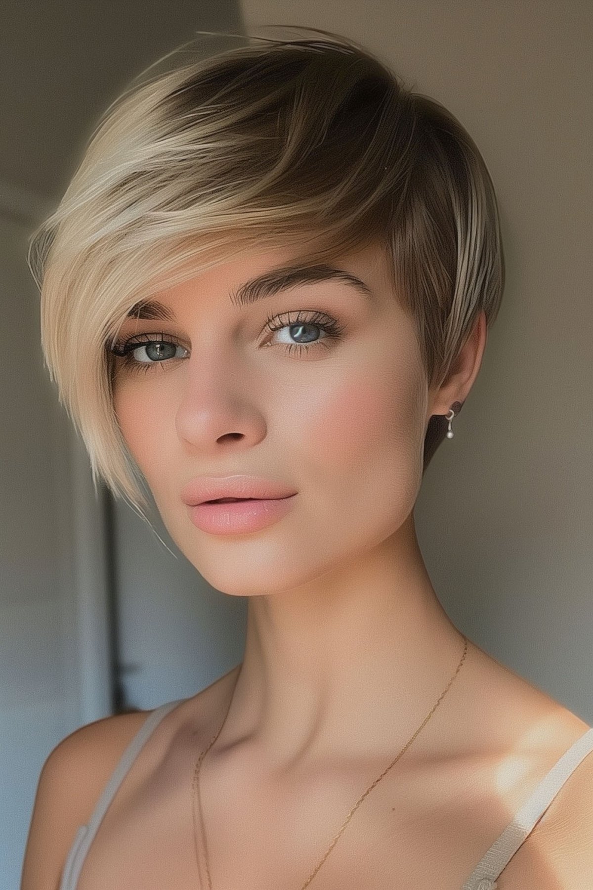 Stylish pixie cut with long side-swept bangs, ideal for square-faced women