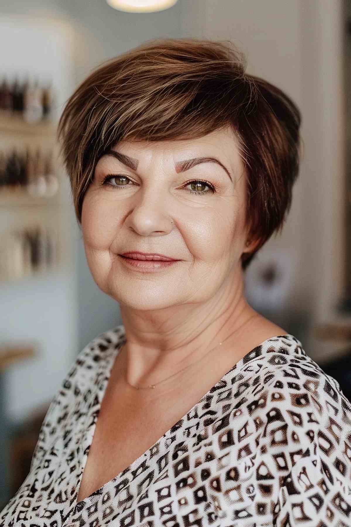 Stylish pixie cut for women over 50 with side-swept bangs and layered texture