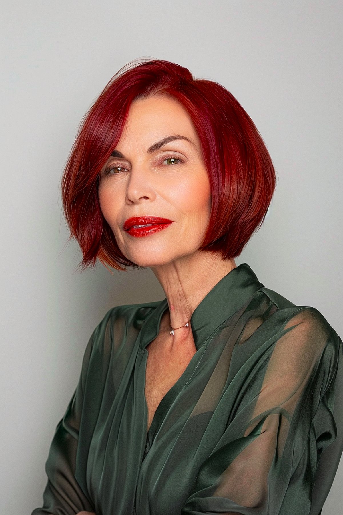 Short edgy red bob for women over 60