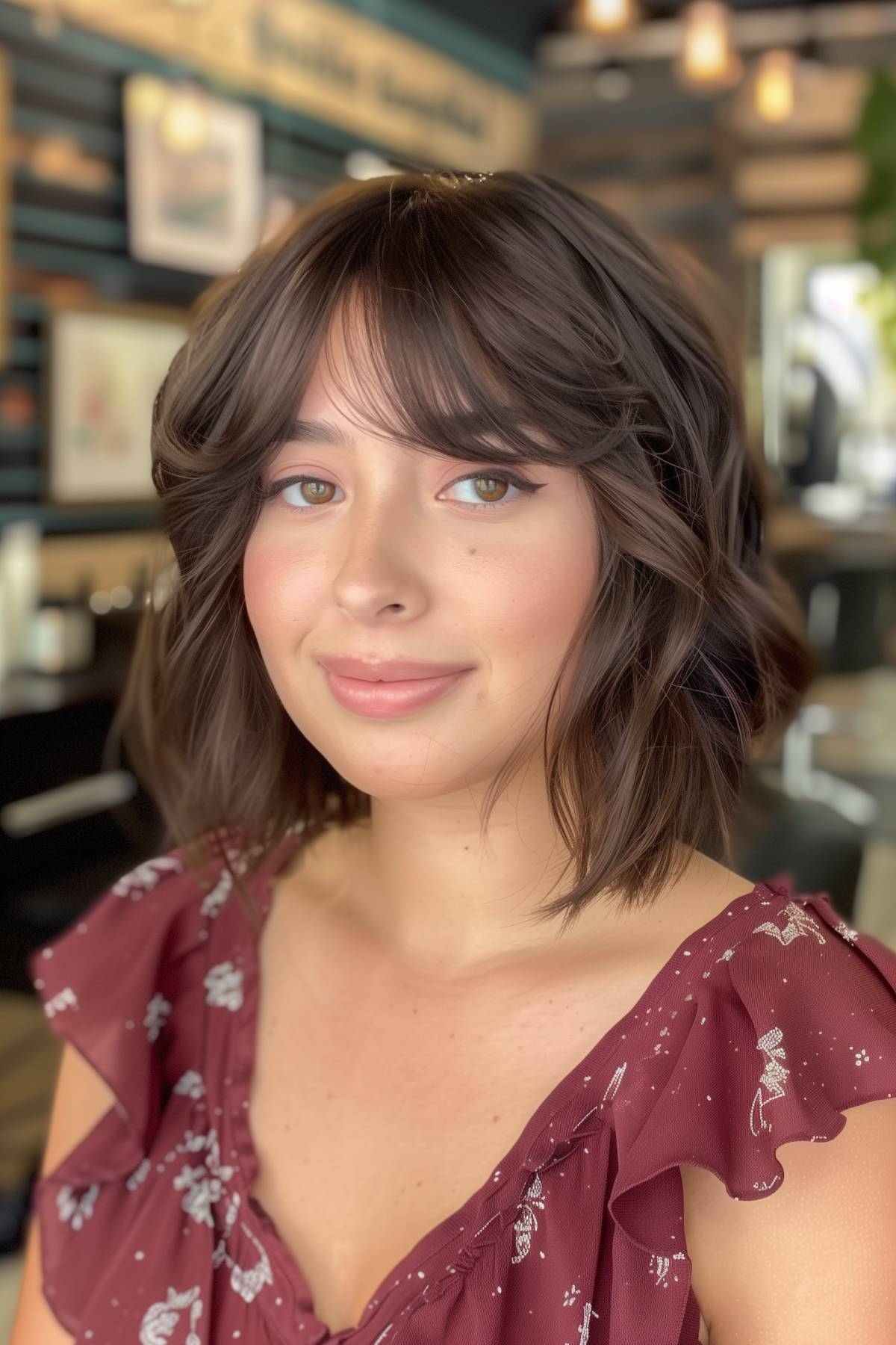 Layered bob with curtain bangs, ideal for a round face shape