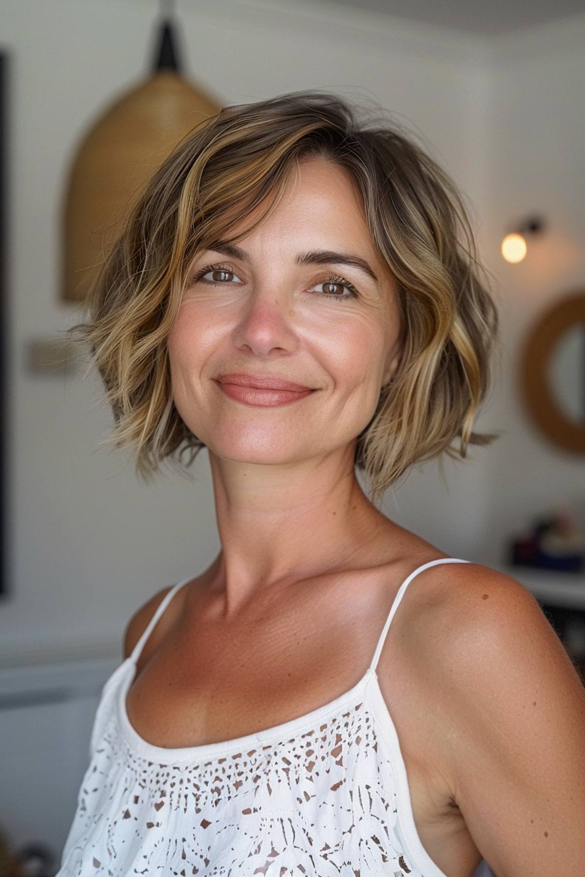 Short layered bob haircut with waves and balayage highlights