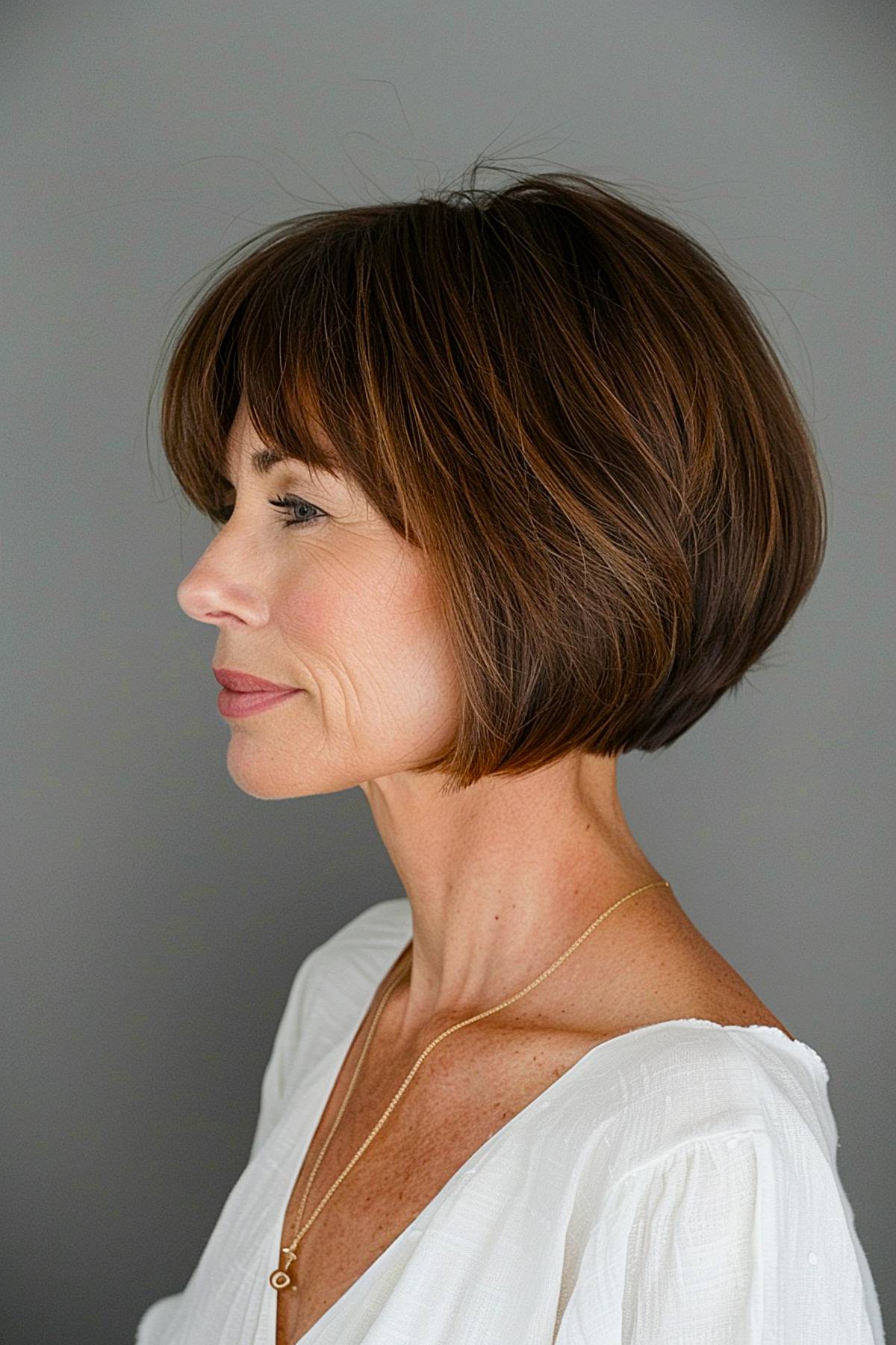 Stacked short bob with bangs hairstyle for fine hair