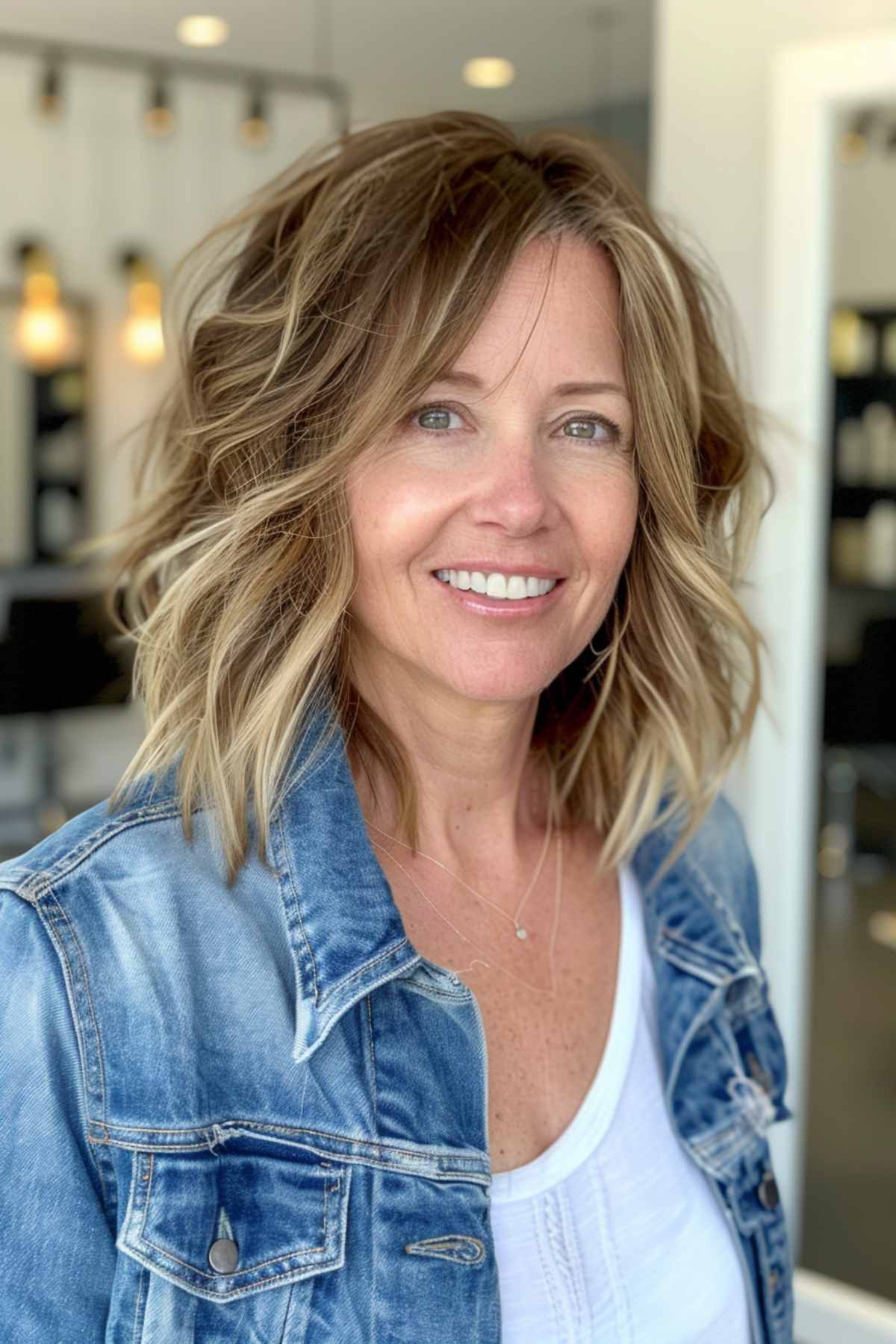 Woman with stylish wavy lob for thin hair