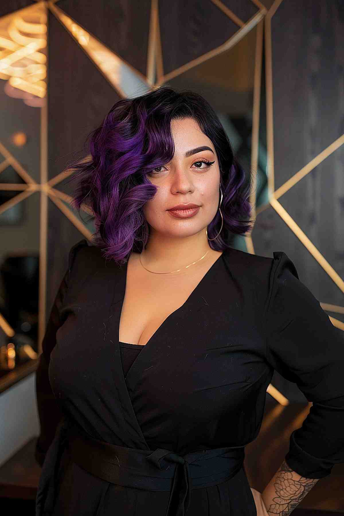 Stylish Woman with Asymmetrical Curly Hair and Purple Highlights
