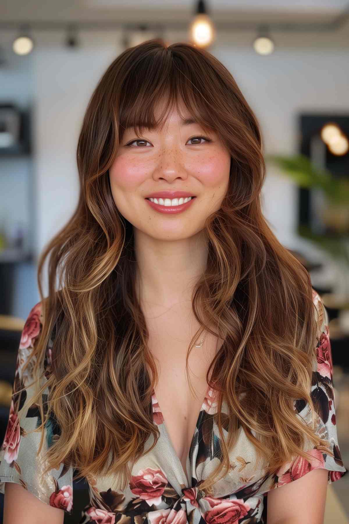 Woman with subtle bangs and long layered hair for a soft, feminine look