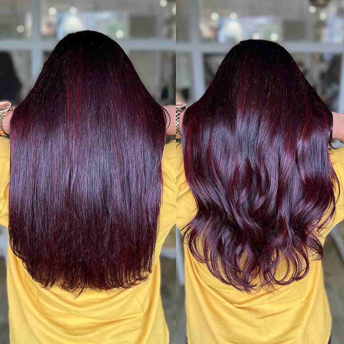 Subtle Layers on Bold Long Plum Red Hair