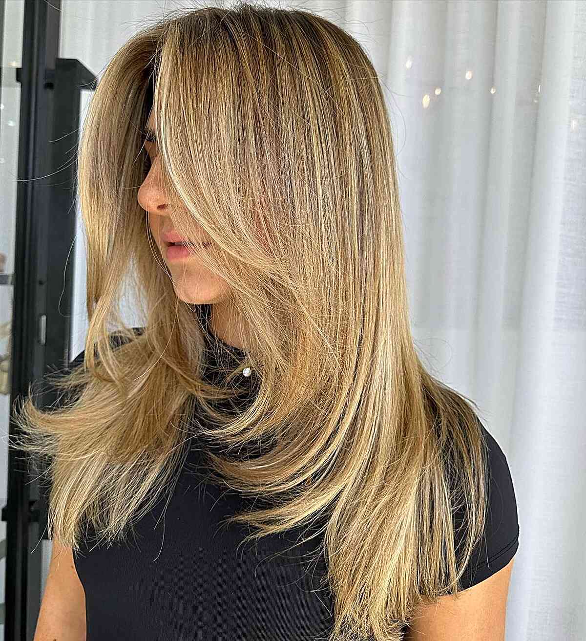 Medium-to-Long Sun-Kissed Blonde Balayage Straight Hair with Face-Framing Layers