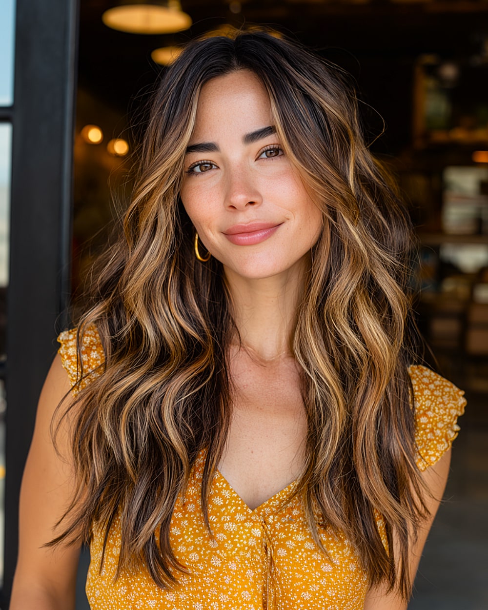 Long wavy layered haircut with sun-kissed highlights on brunette hair and soft face-framing