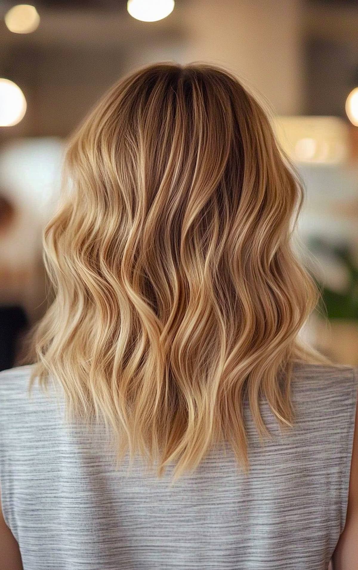 Sandy blonde wavy hairstyle with subtle golden tones for medium-length hair