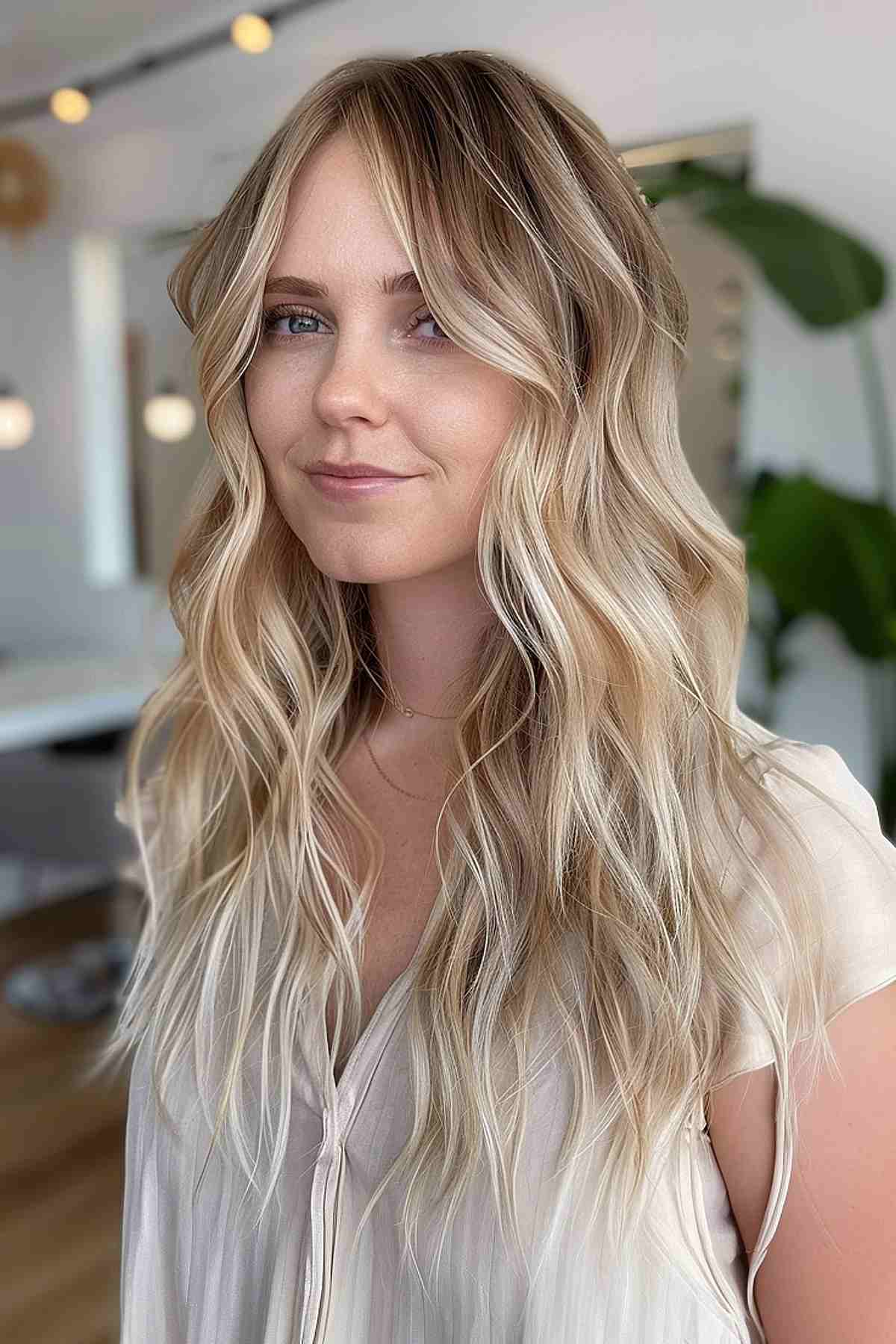 Long sun-kissed shaggy waves with subtle face-framing layers