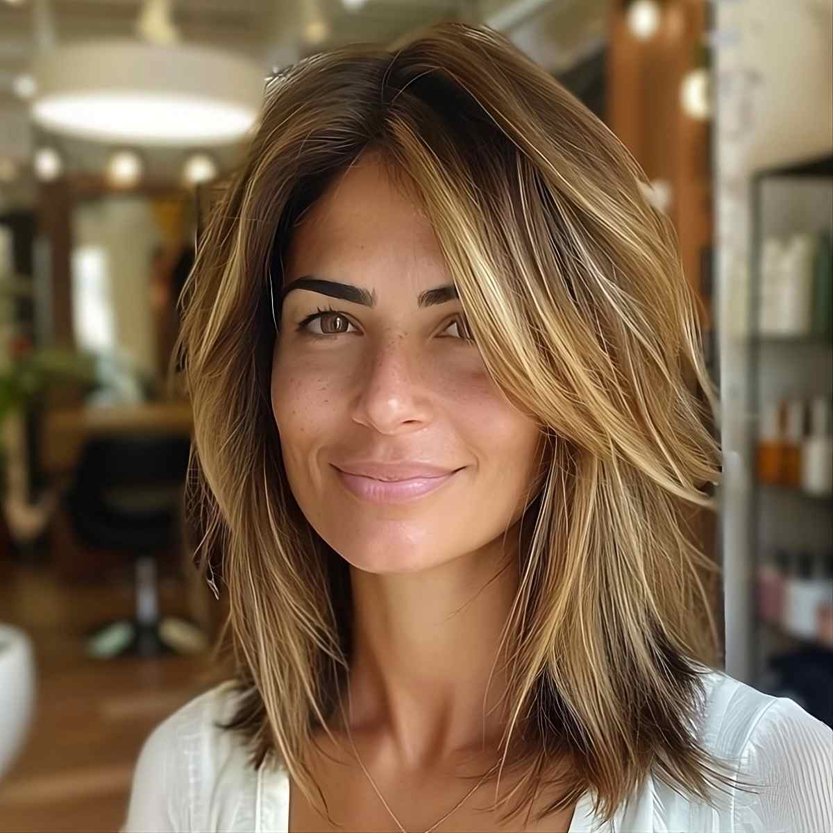 A unique sun-kissed textured lob hairstyle for thin hair