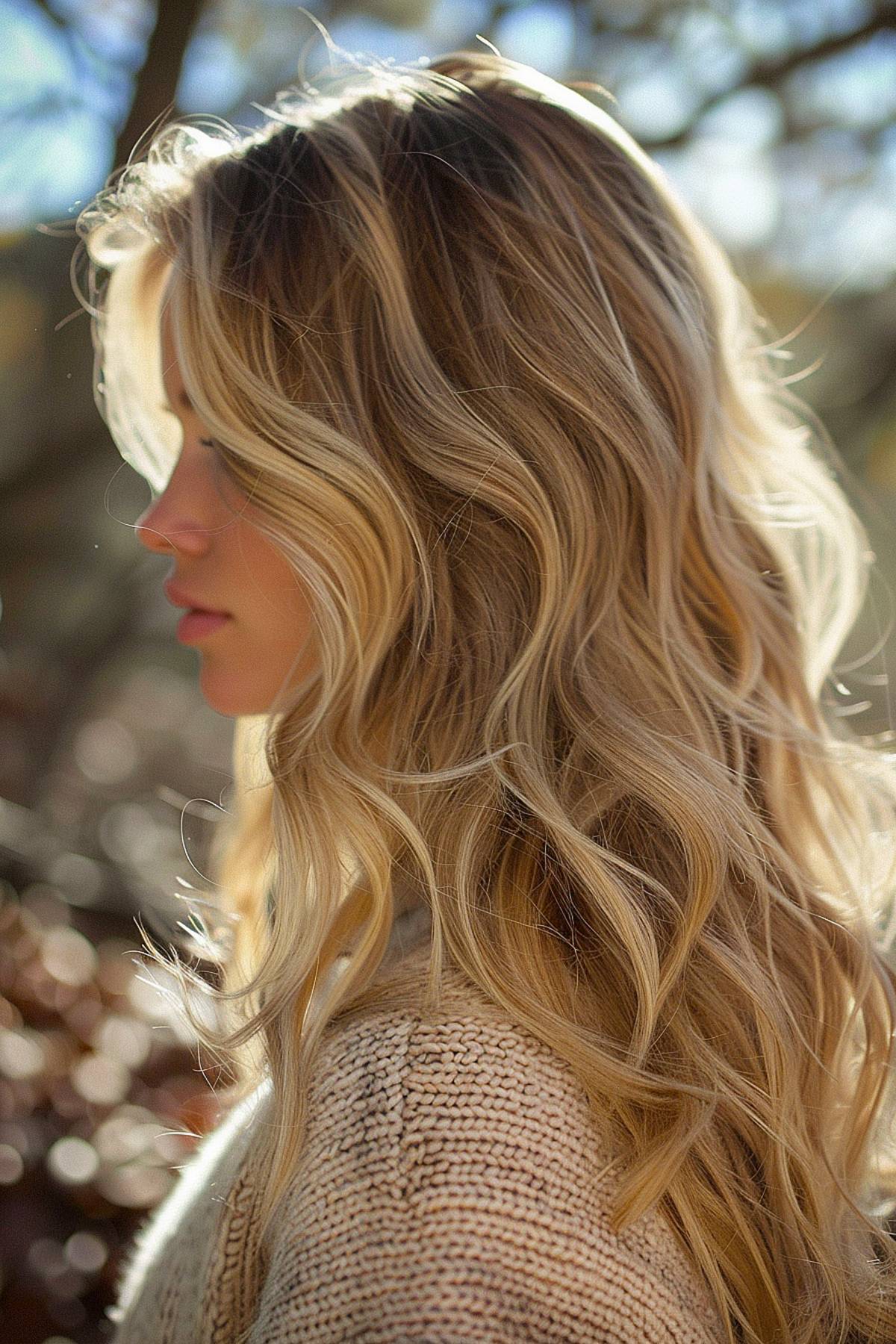 Golden highlights with caramel lowlights on layered hair