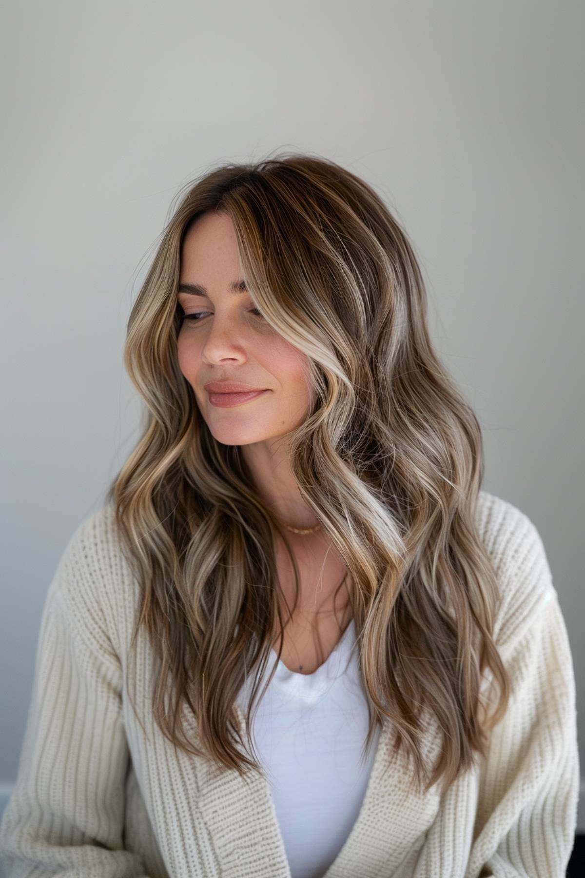 Mocha brown hair with sun-kissed golden and buttery blonde highlights, styled in natural beachy waves