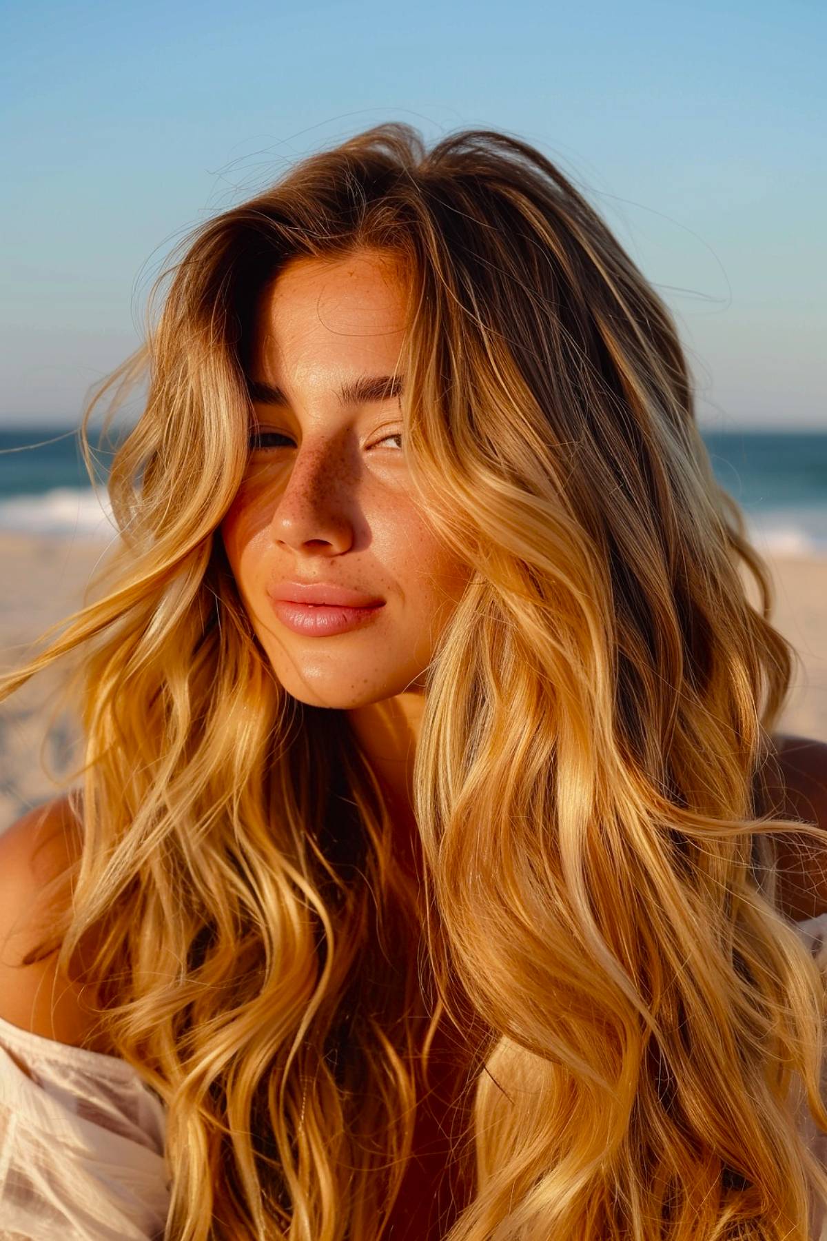 Sunkissed luxe hair color with bright golden balayage