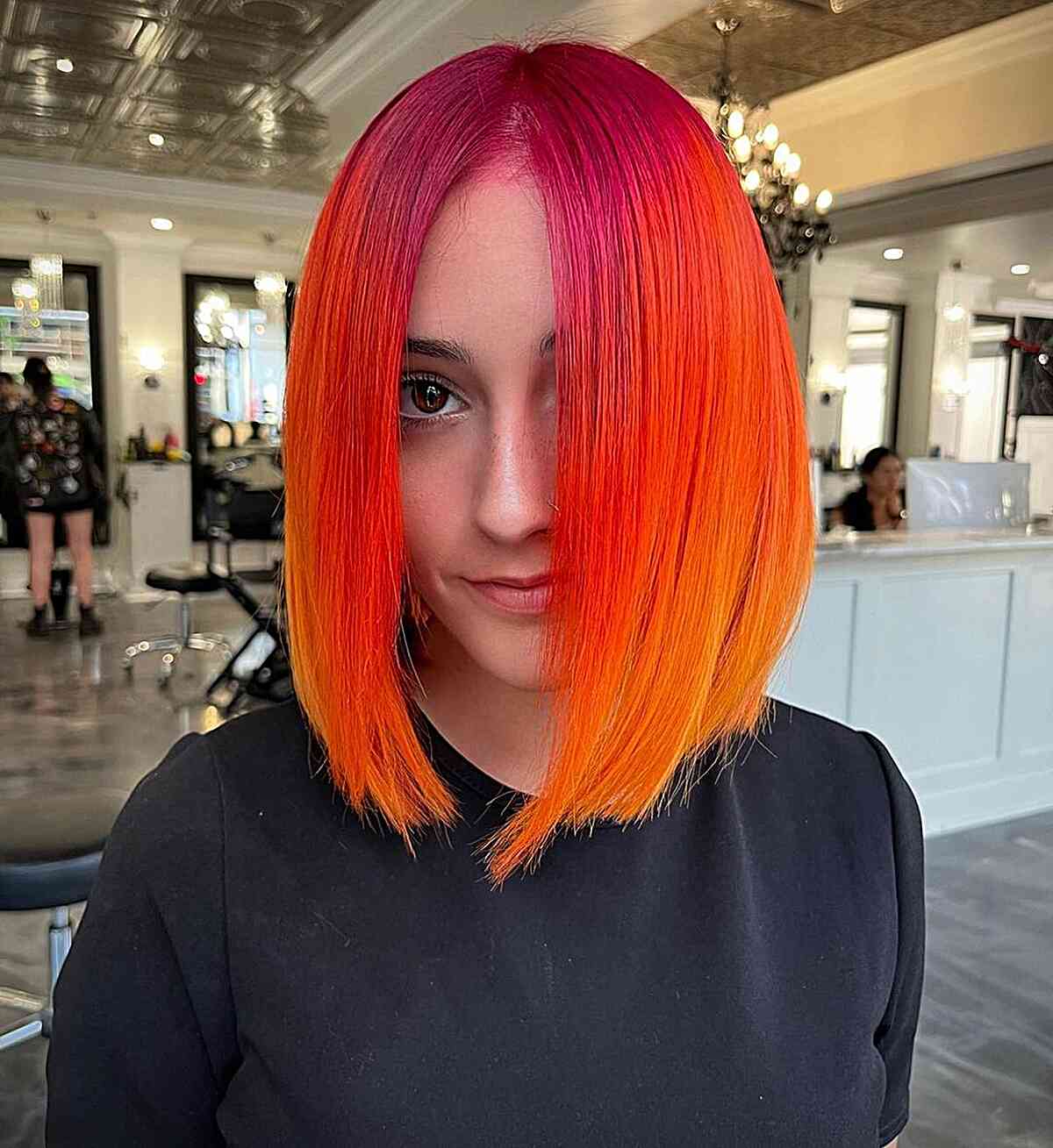 Sunset-Inspired Red Roots and orange mid lengths and yellow tips