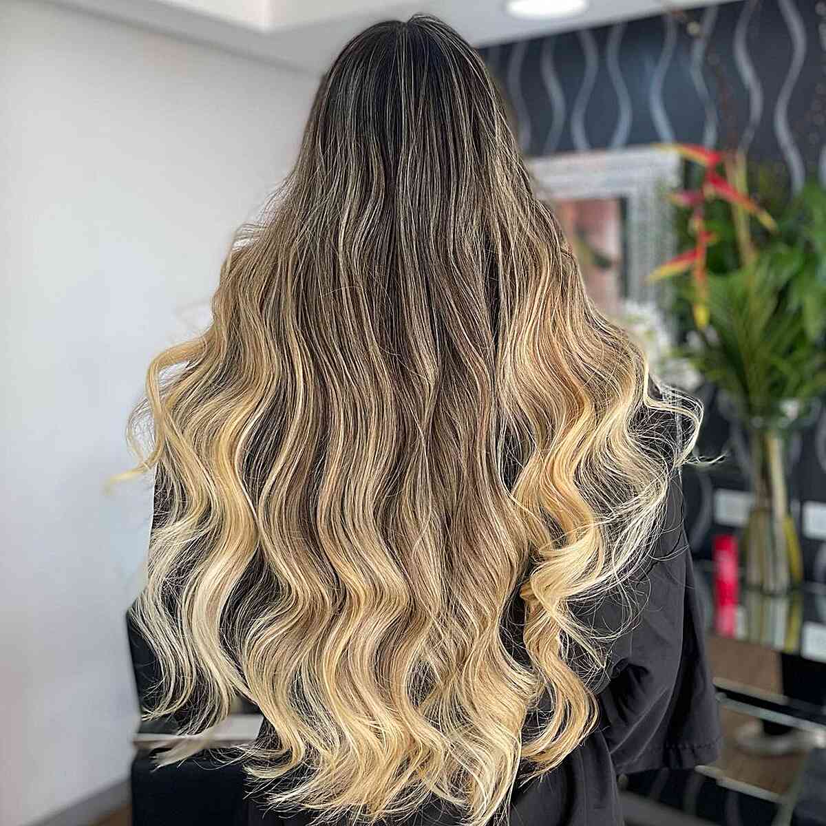 Super Long and Wavy Bright Blonde Balayage Ombre with Dark Roots