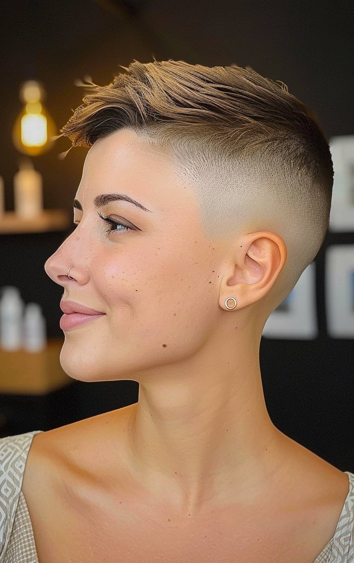 Super short shaved pixie haircut with textured top for straight hair