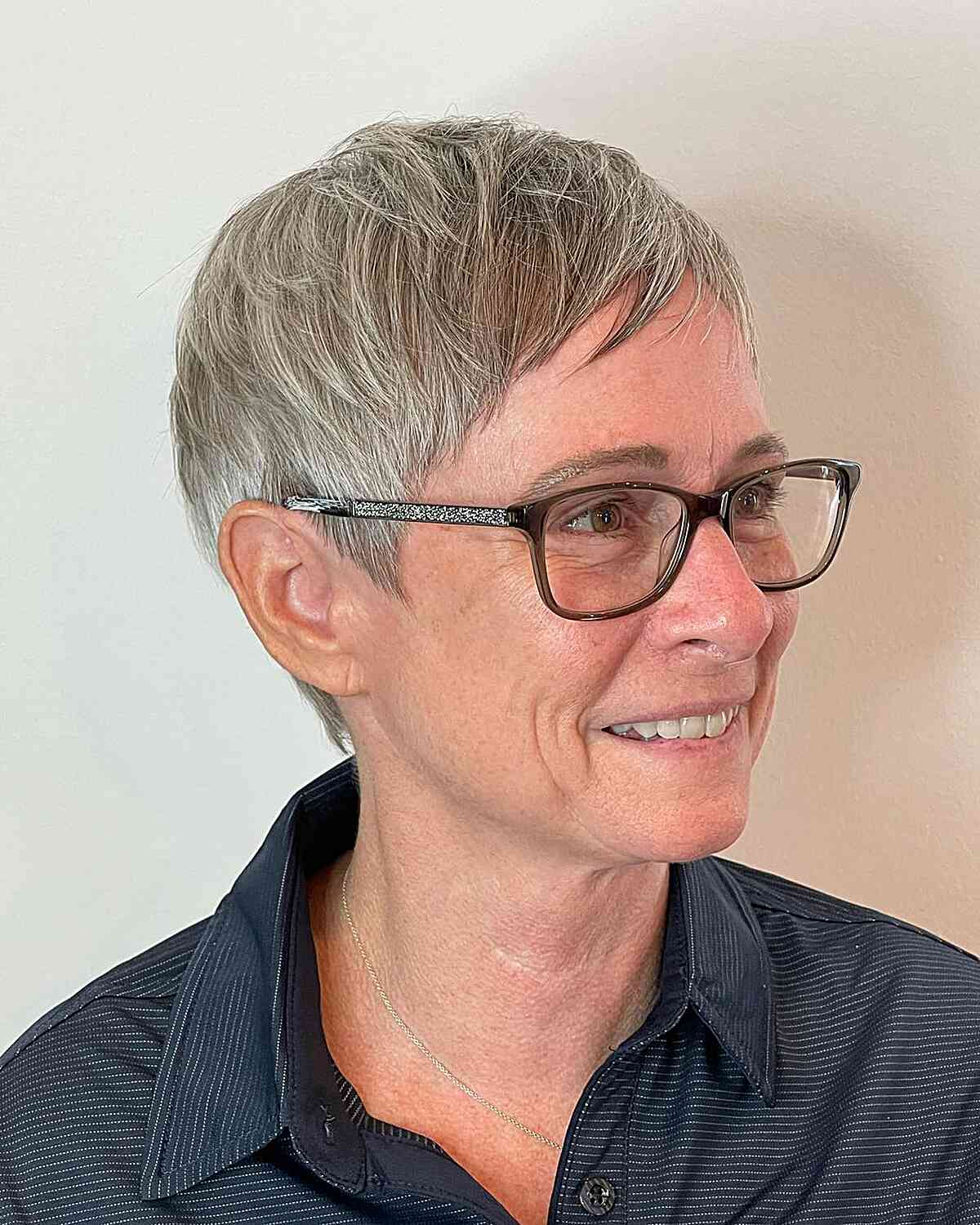 Super Short Sleek Gray Tapered Pixie for women over 50 and up