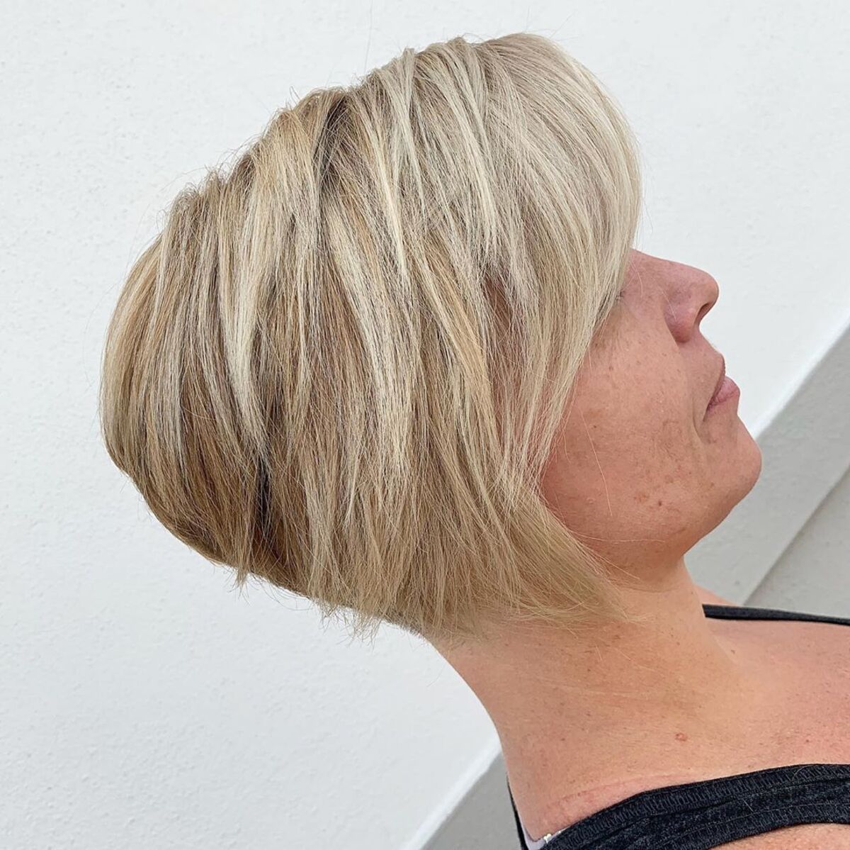 Blonde Super Short Stacked Bob with Bangs