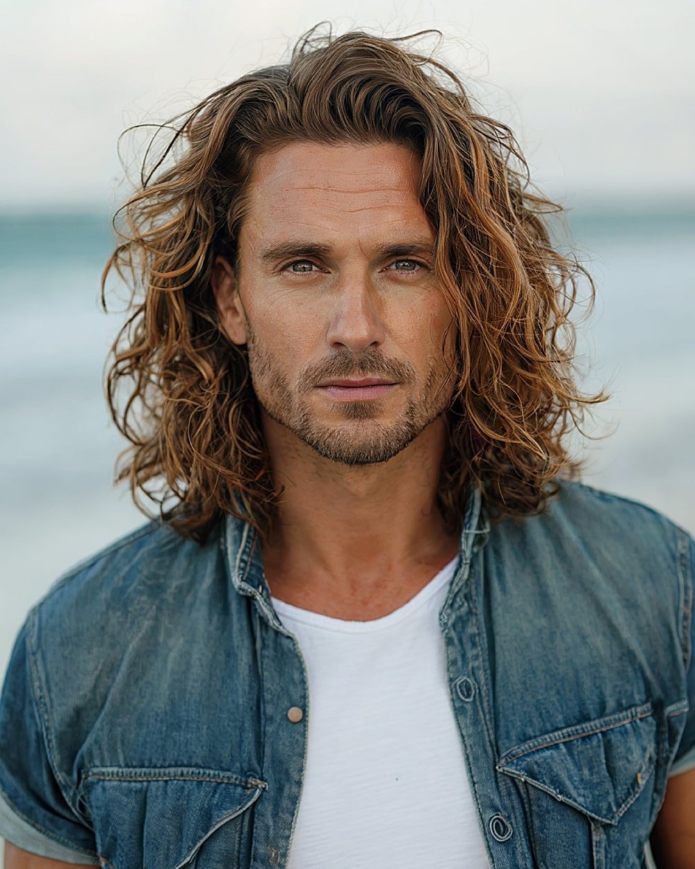 Long surfer waves hairstyle with natural beachy texture for men