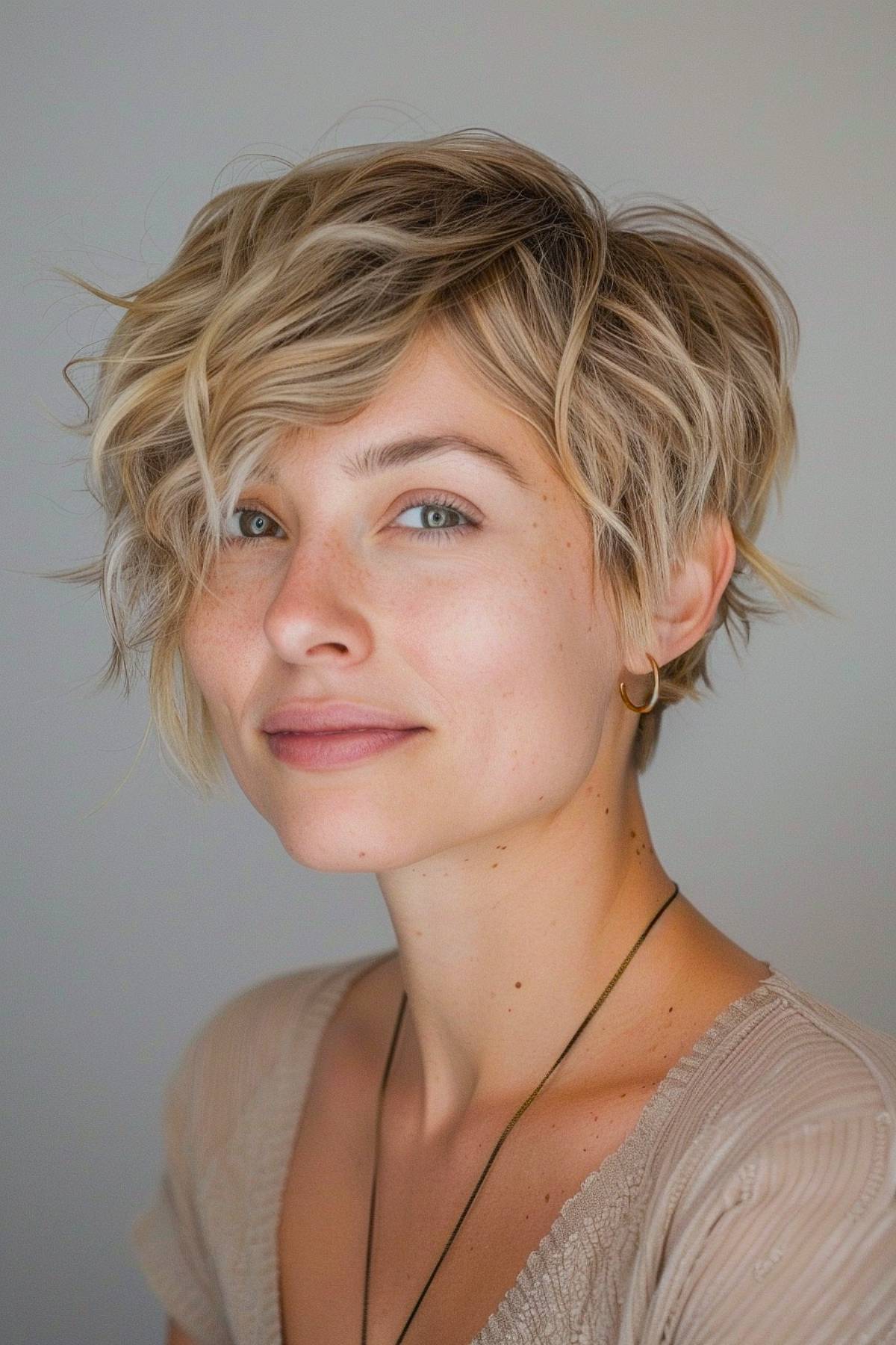 Blonde wavy pixie haircut with soft side fringe