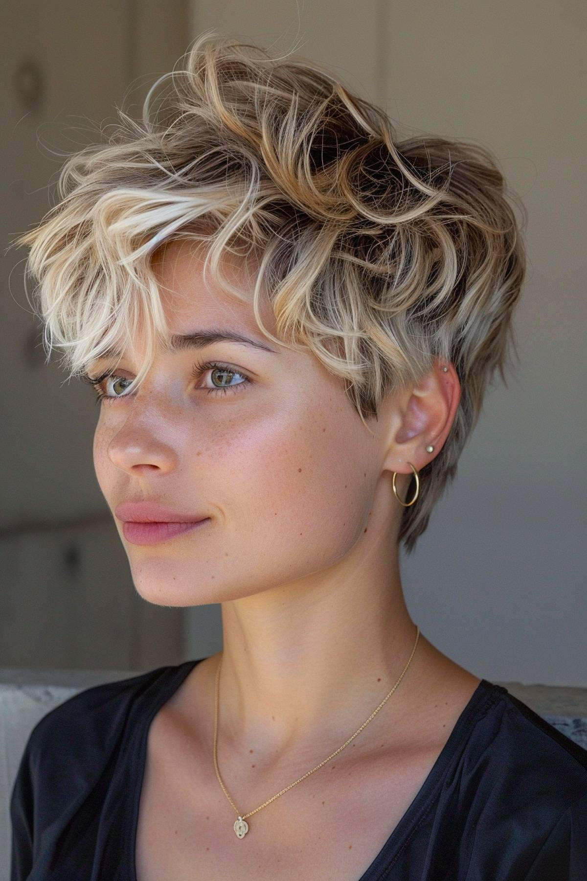 Wavy pixie haircut with blonde highlights