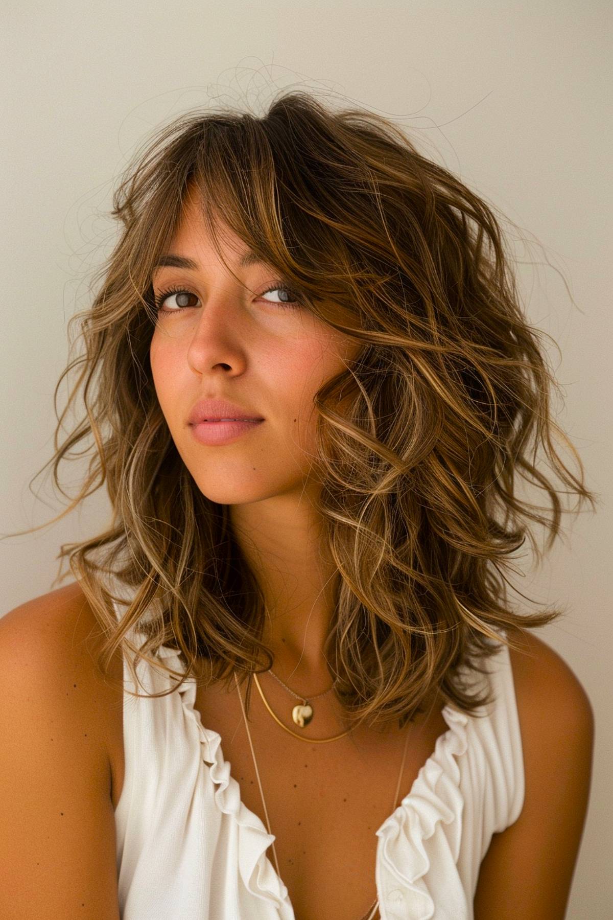 Choppy medium-length layered haircut with curtain bangs and honey highlights