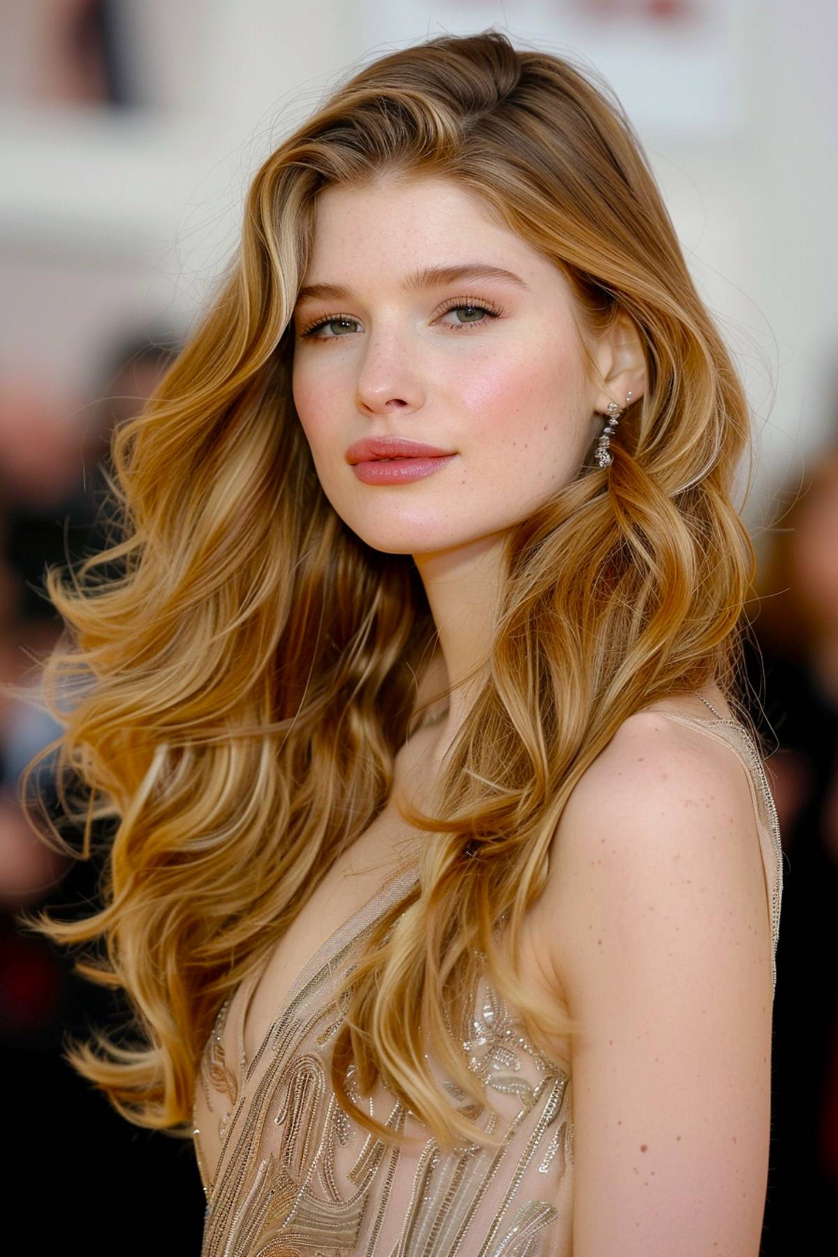 Long sweepra hairstyle with side part and cascading waves