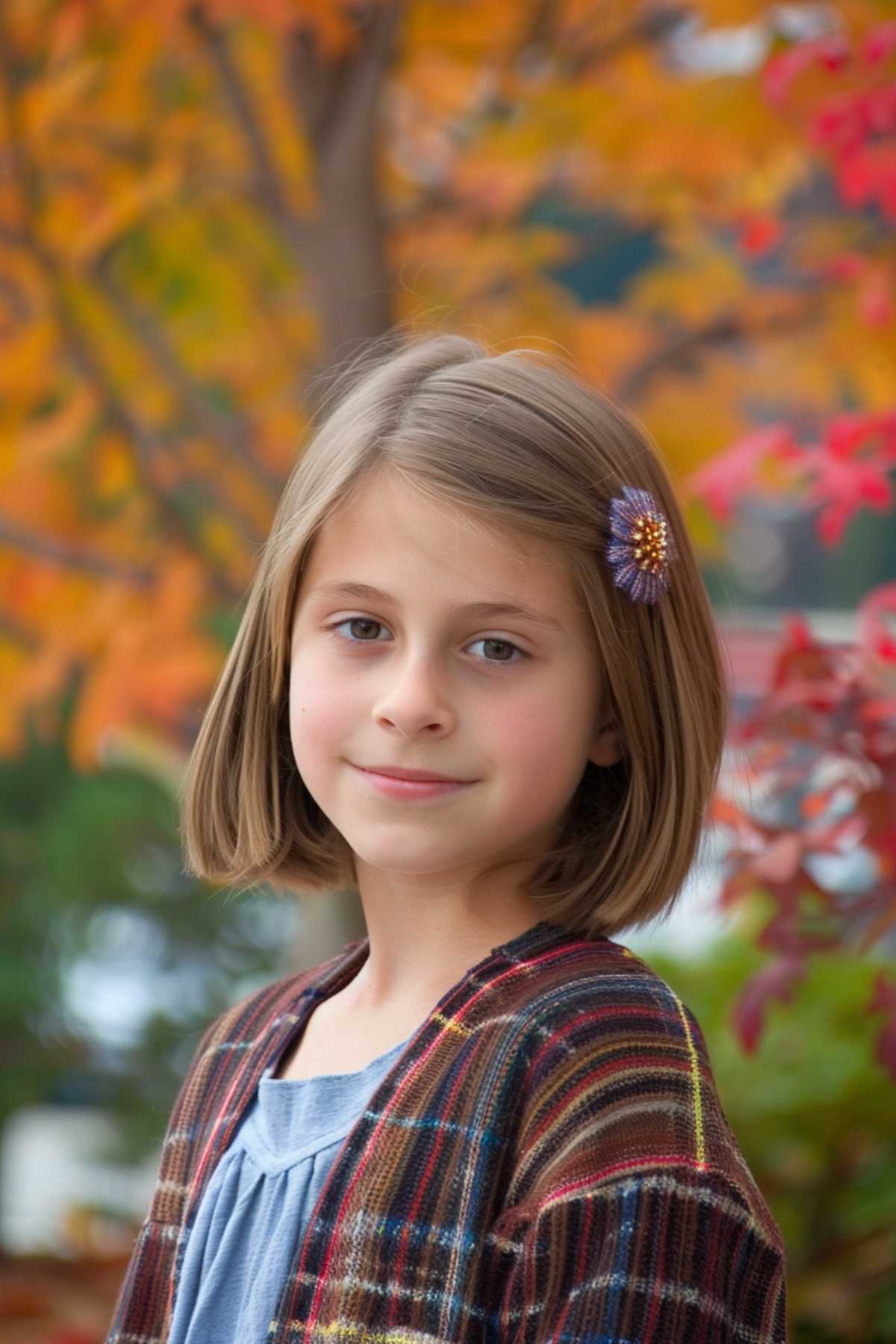 Young girl with a short bob hairstyle, wearing a flower hair clip