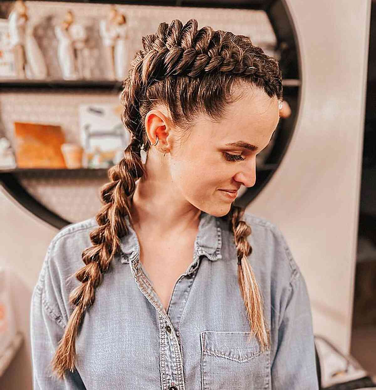 Swept Back Double Pigtail Braids for Mid-Long Hair