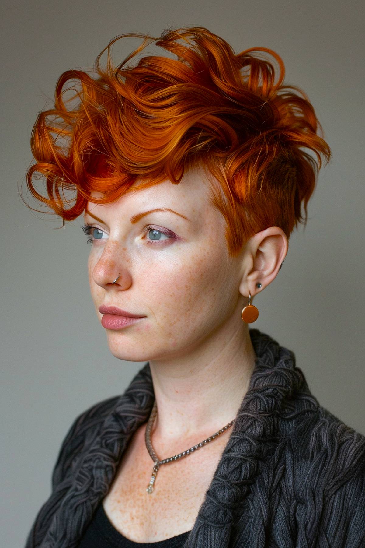 Orange-red wavy pixie haircut with voluminous crown