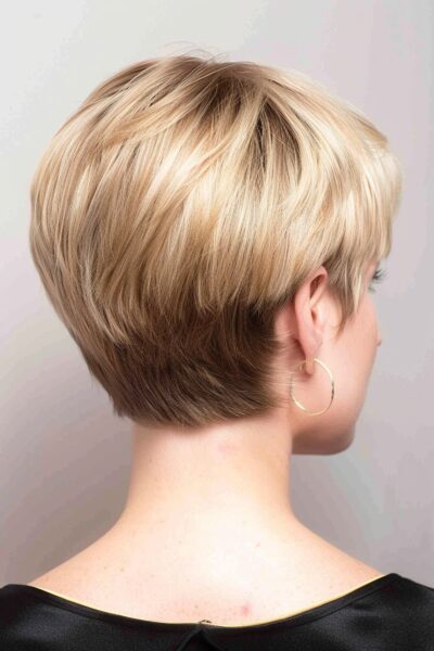 A Short Layered Blonde Bob with Tapered Neckline and Highlights